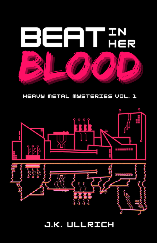 An image of the book's cover: black, with a magenta neon outline of Baltimore's waterfront buildings styled to look like a motherboard.